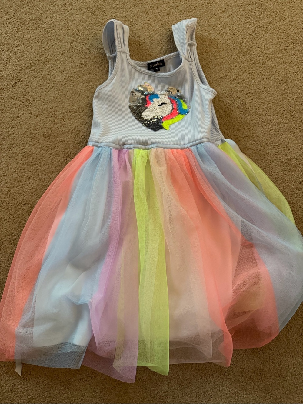 Zunie White Tank Dress with Rainbow Sequin Unicorn and Pastel Tulle Skirt